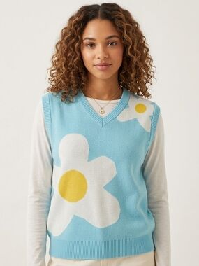 Golf  Light Blue Floral Daisy V-Neck Sweater Vest Size Med